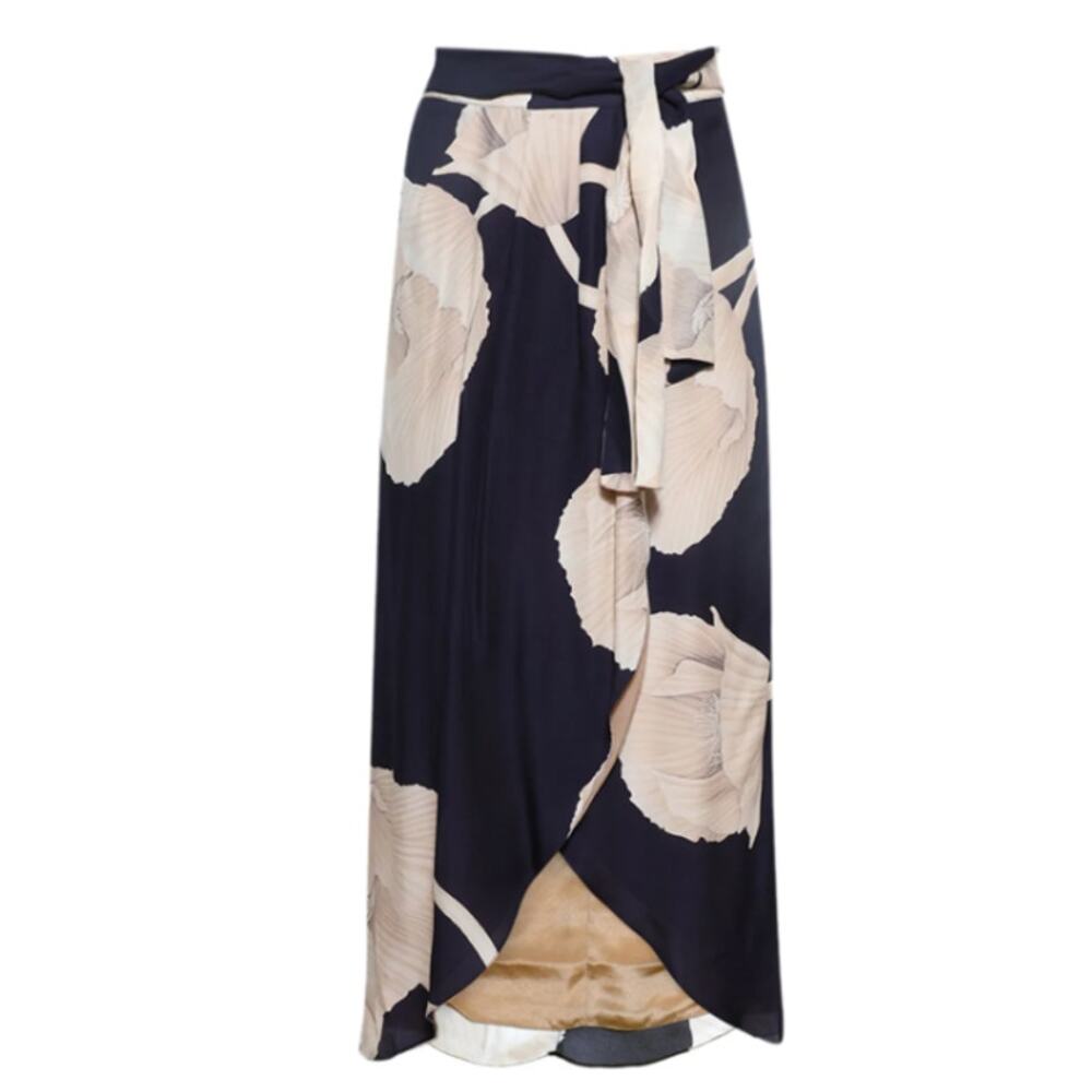 Johanna Ortiz navy floral print Naturalism silk wrap skirt US 6